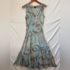 KOMAROV Blue and Gold Print Midi Dress Size Large